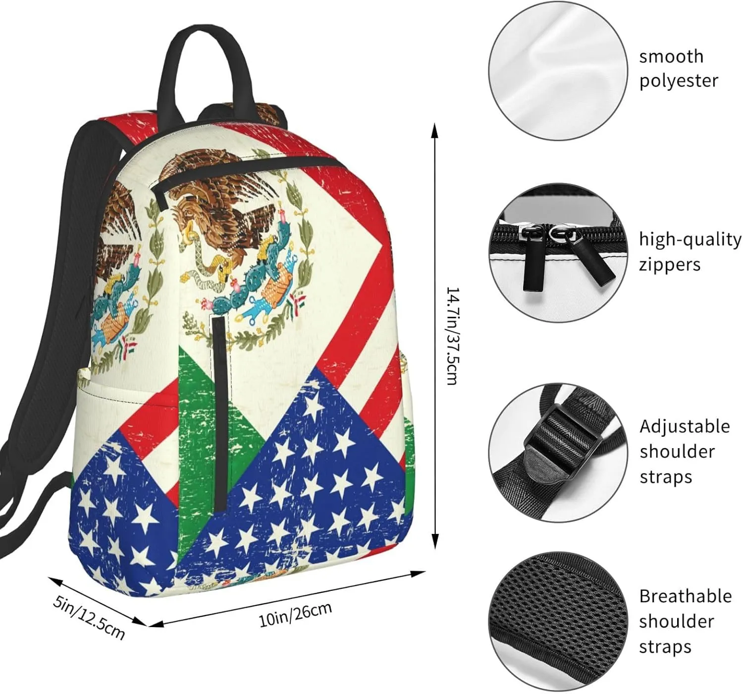 BREAUX Mexican American Flag Print Large-Capacity Backpack, Simple And Lightweight Casual Backpack, Travel Backpacks