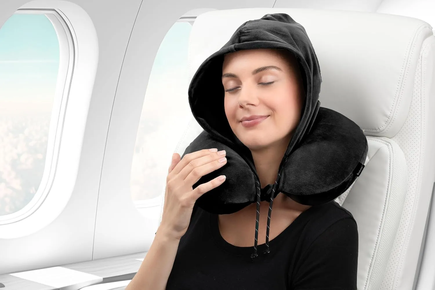 Brookstone Hooded Neck Travel Pillow - Memory Foam Light-Blocking Travel Neck Pillow with Hood for Sleeping, Airplane, Car, Black