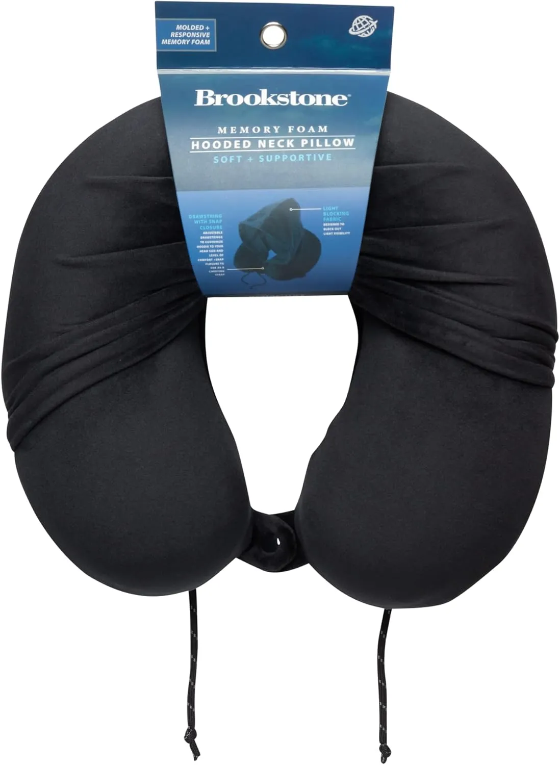 Brookstone Hooded Neck Travel Pillow - Memory Foam Light-Blocking Travel Neck Pillow with Hood for Sleeping, Airplane, Car, Black