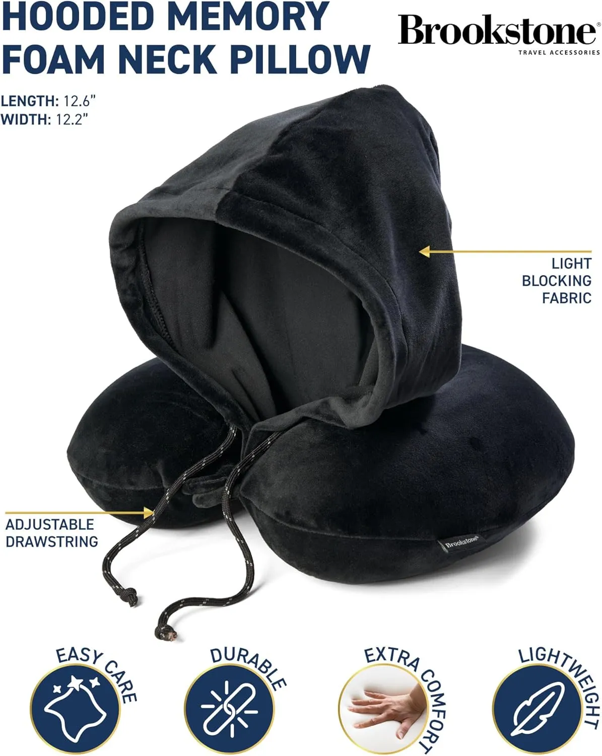 Brookstone Hooded Neck Travel Pillow - Memory Foam Light-Blocking Travel Neck Pillow with Hood for Sleeping, Airplane, Car, Black