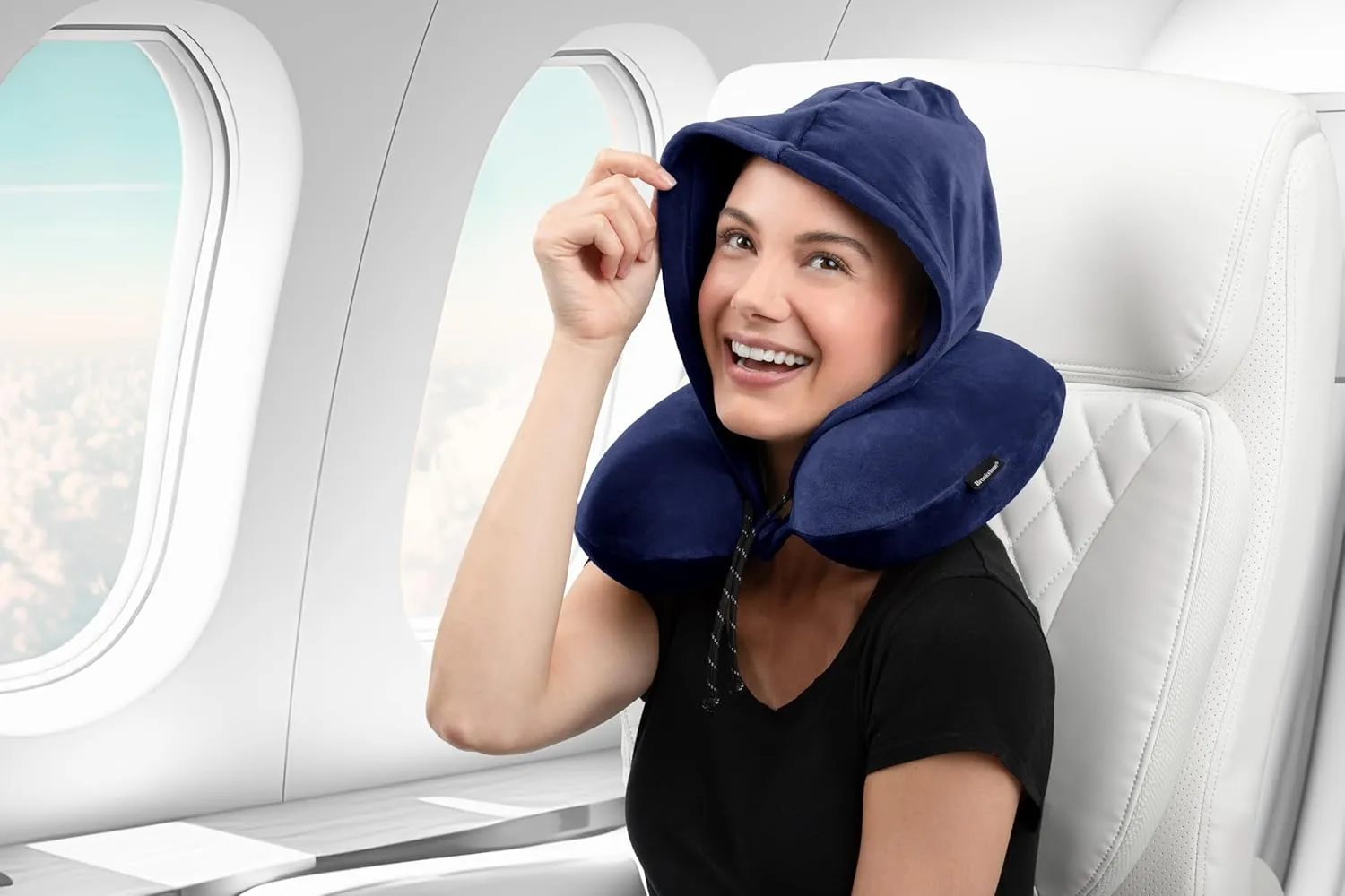 Brookstone Hooded Neck Travel Pillow - Memory Foam Light-Blocking Travel Neck Pillow with Hood for Sleeping, Airplane, Car, Blue