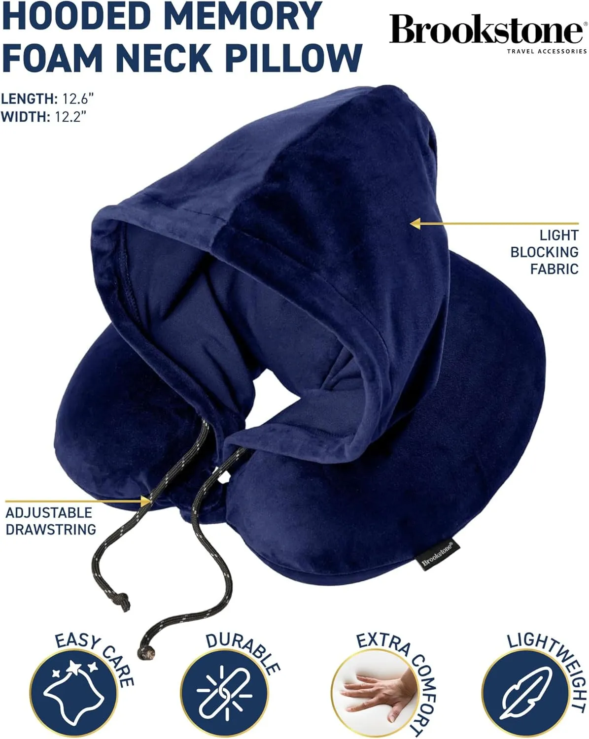 Brookstone Hooded Neck Travel Pillow - Memory Foam Light-Blocking Travel Neck Pillow with Hood for Sleeping, Airplane, Car, Blue