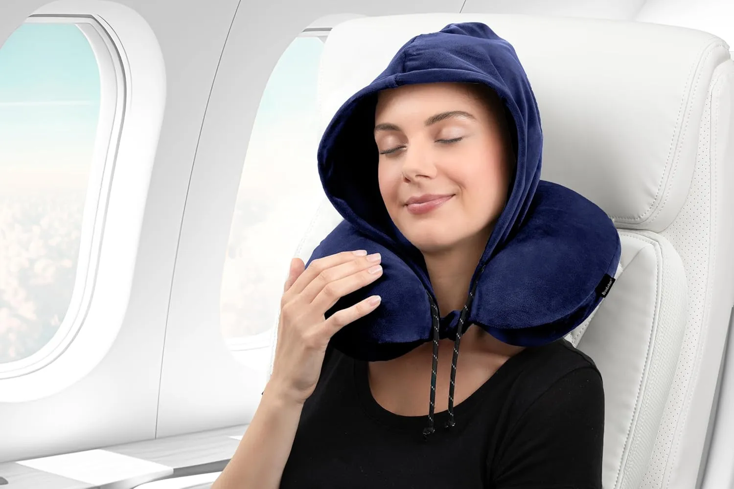 Brookstone Hooded Neck Travel Pillow - Memory Foam Light-Blocking Travel Neck Pillow with Hood for Sleeping, Airplane, Car, Blue