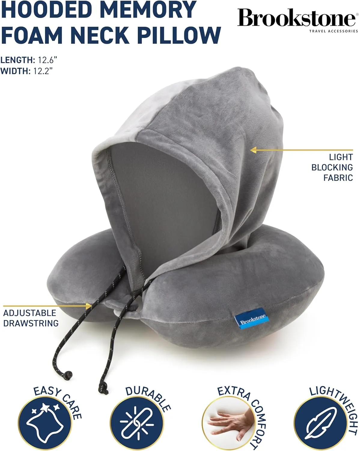 Brookstone Hooded Neck Travel Pillow - Memory Foam Light-Blocking Travel Neck Pillow with Hood for Sleeping, Airplane, Car, Dark Grey