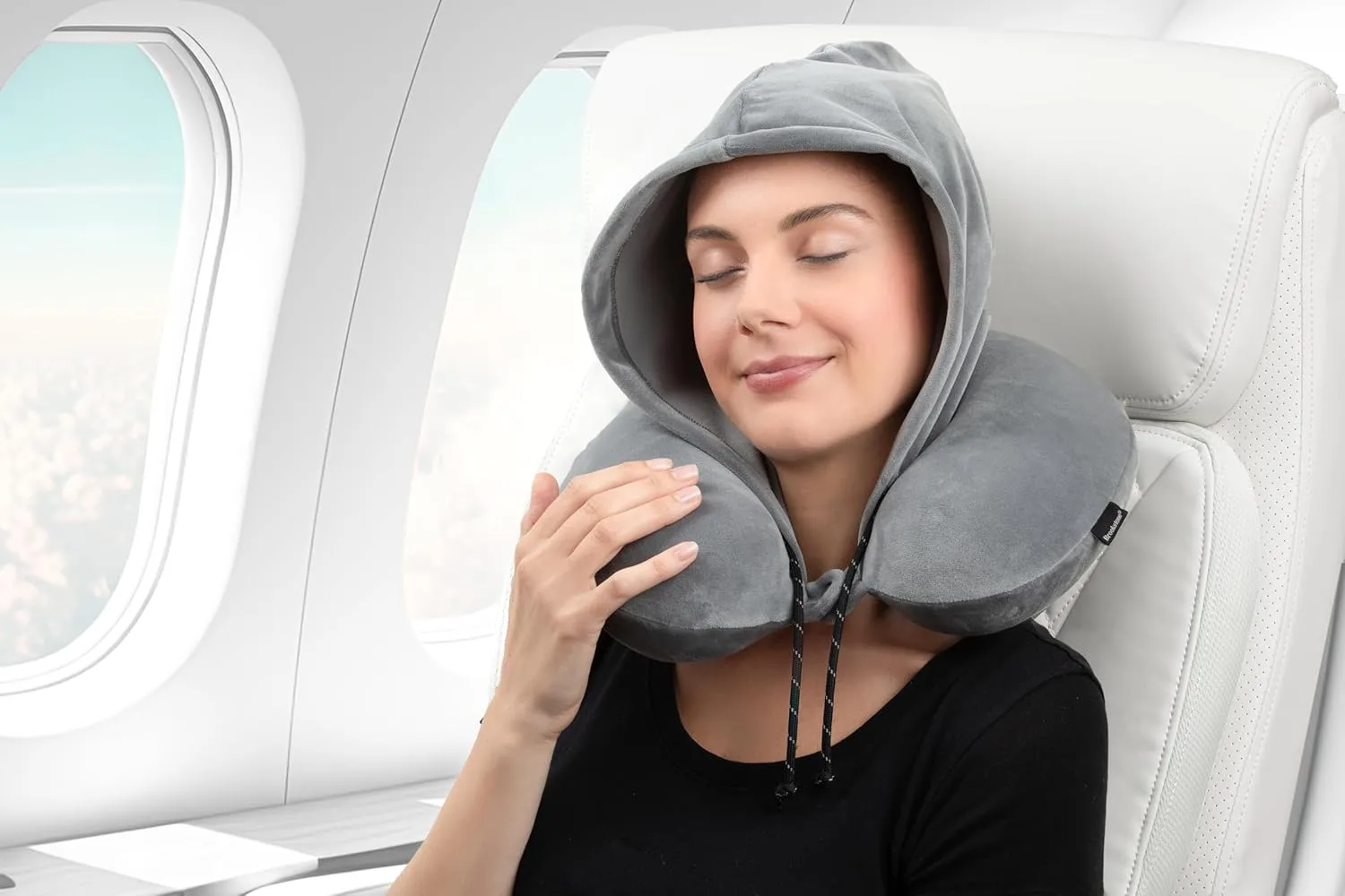 Brookstone Hooded Neck Travel Pillow - Memory Foam Light-Blocking Travel Neck Pillow with Hood for Sleeping, Airplane, Car, Dark Grey