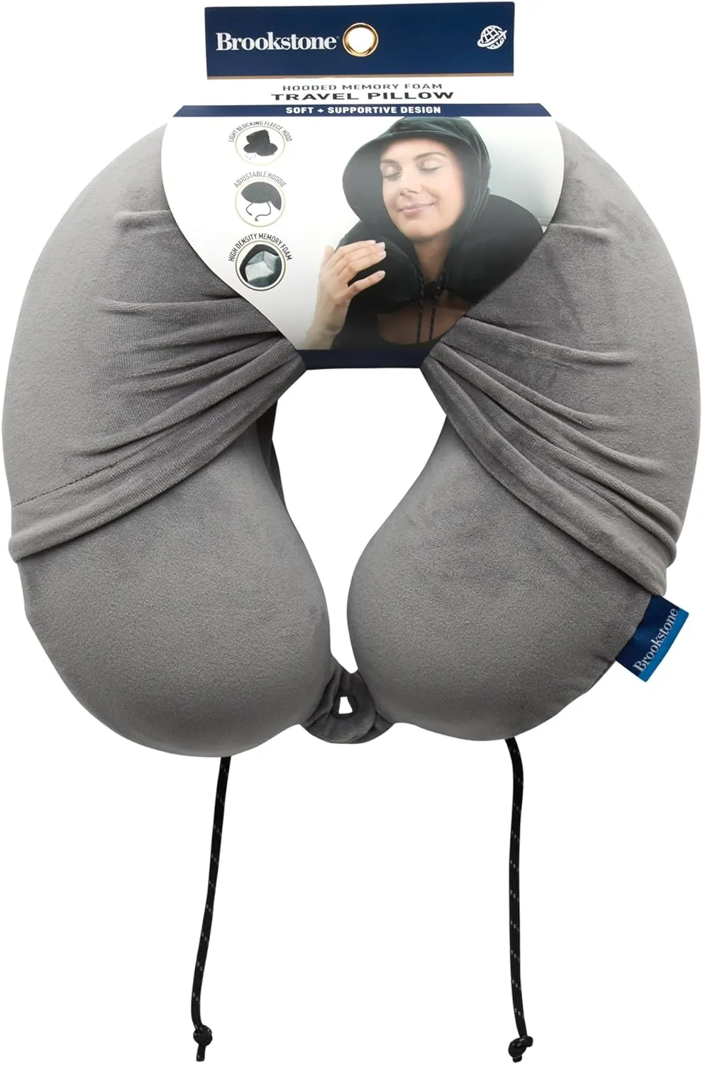 Brookstone Hooded Neck Travel Pillow - Memory Foam Light-Blocking Travel Neck Pillow with Hood for Sleeping, Airplane, Car, Dark Grey