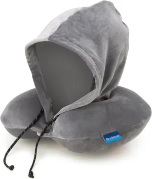 Brookstone Hooded Neck Travel Pillow - Memory Foam Light-Blocking Travel Neck Pillow with Hood for Sleeping, Airplane, Car, Dark Grey
