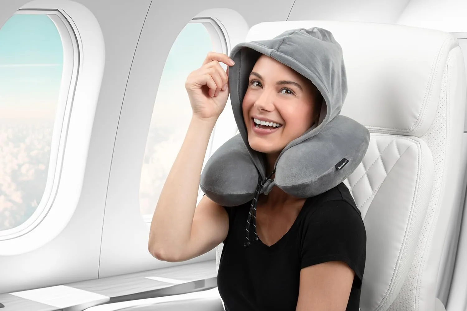 Brookstone Hooded Neck Travel Pillow - Memory Foam Light-Blocking Travel Neck Pillow with Hood for Sleeping, Airplane, Car, Dark Grey