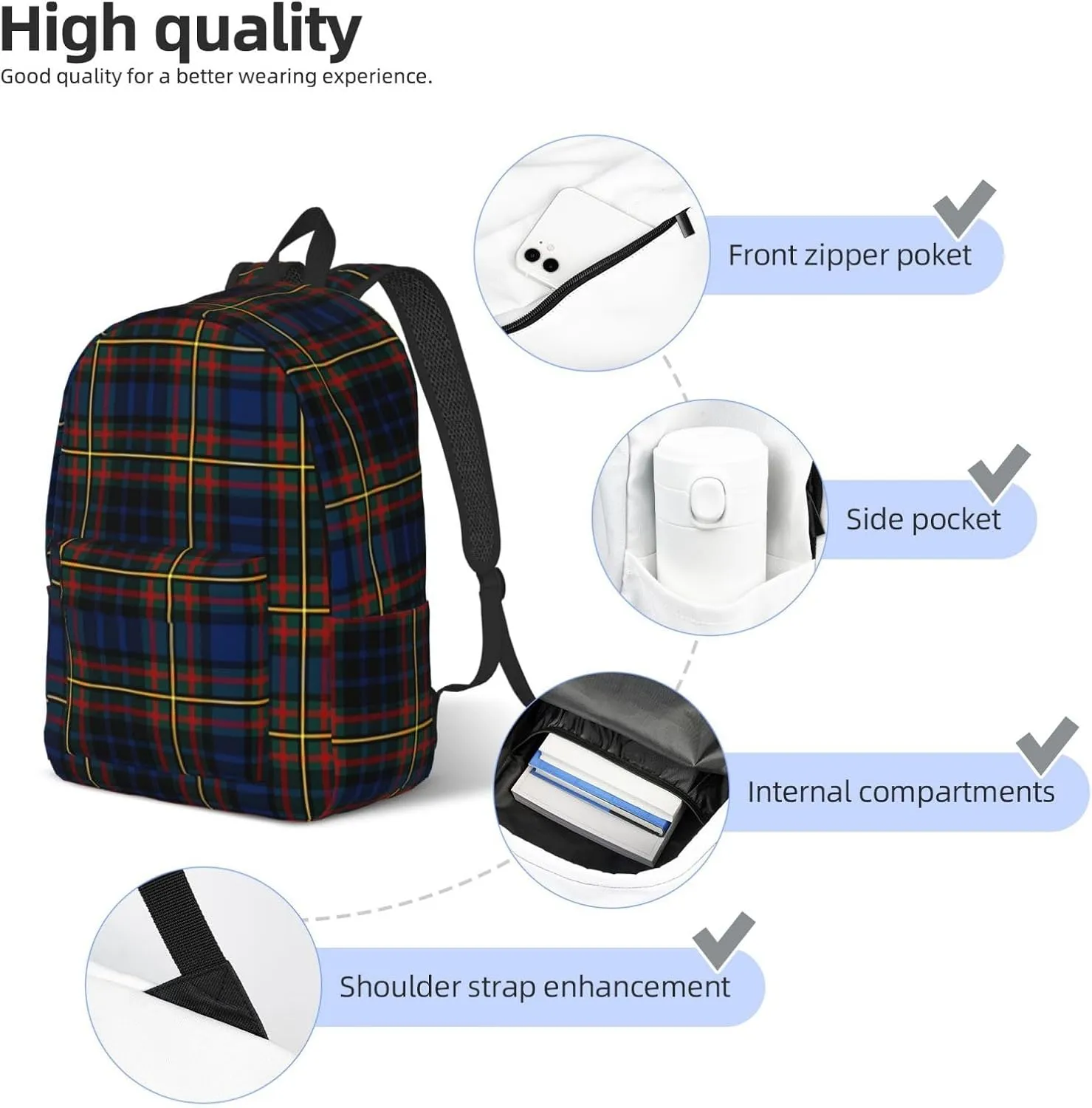 Brown Tartan Canvas Backpacks Laptop Backpack Multipurpose Double Shoulder Bag for Men Women Gifts Small