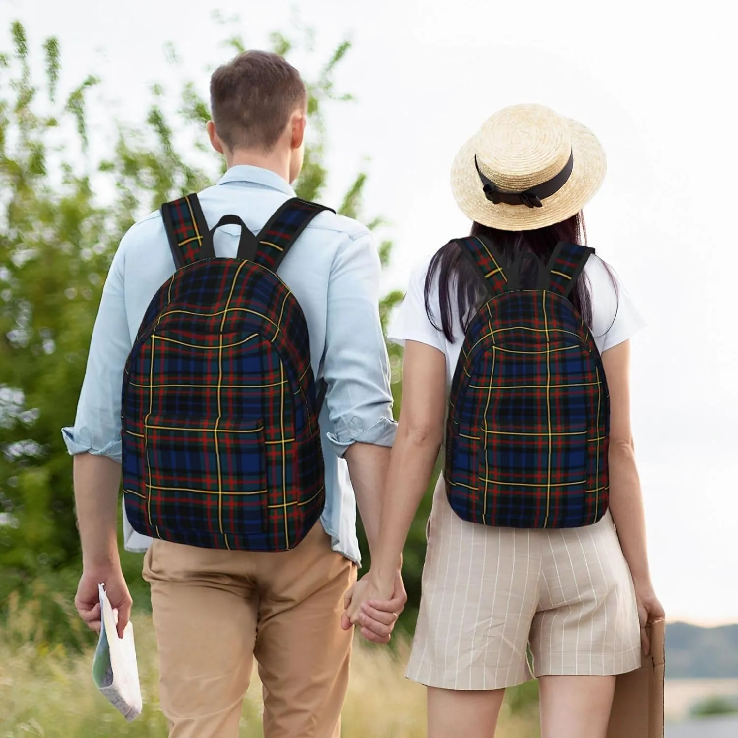 Brown Tartan Canvas Backpacks Laptop Backpack Multipurpose Double Shoulder Bag for Men Women Gifts Small