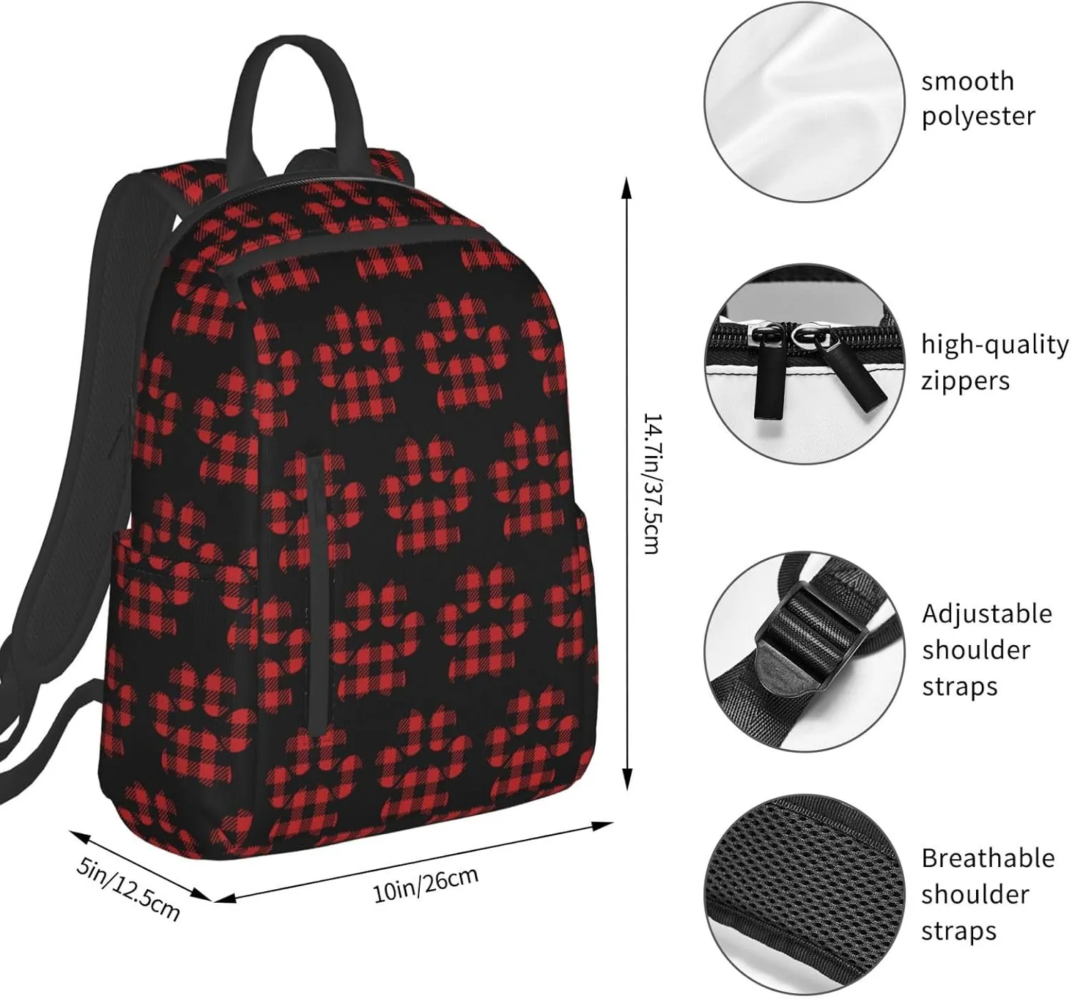 Buffalo Plaid Paw Casual Backpacks Large Capacity Laptop Backpack Sports Rucksack Travel Daypack Adjustable Shoulder Strap Work Bag for Outdoor Camping