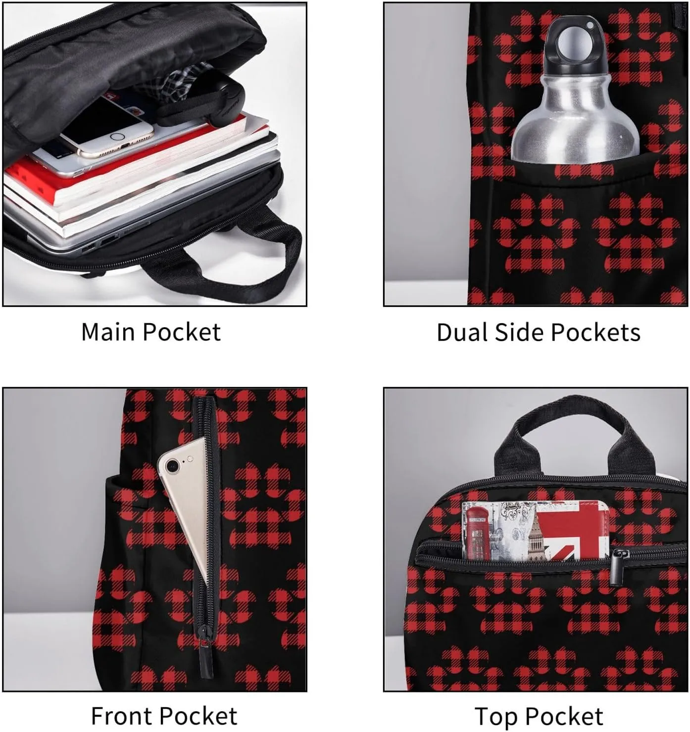 Buffalo Plaid Paw Casual Backpacks Large Capacity Laptop Backpack Sports Rucksack Travel Daypack Adjustable Shoulder Strap Work Bag for Outdoor Camping