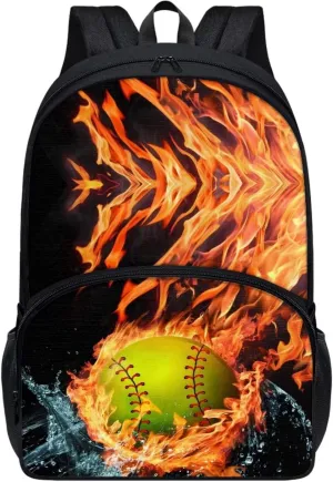 Burning Baseball Book Bags for Kids Girls'Schoolbag Large 17 inch Girls' Schoolbag Elementary Schoolbag with Front Compartment and Water Bottle Side Pocket