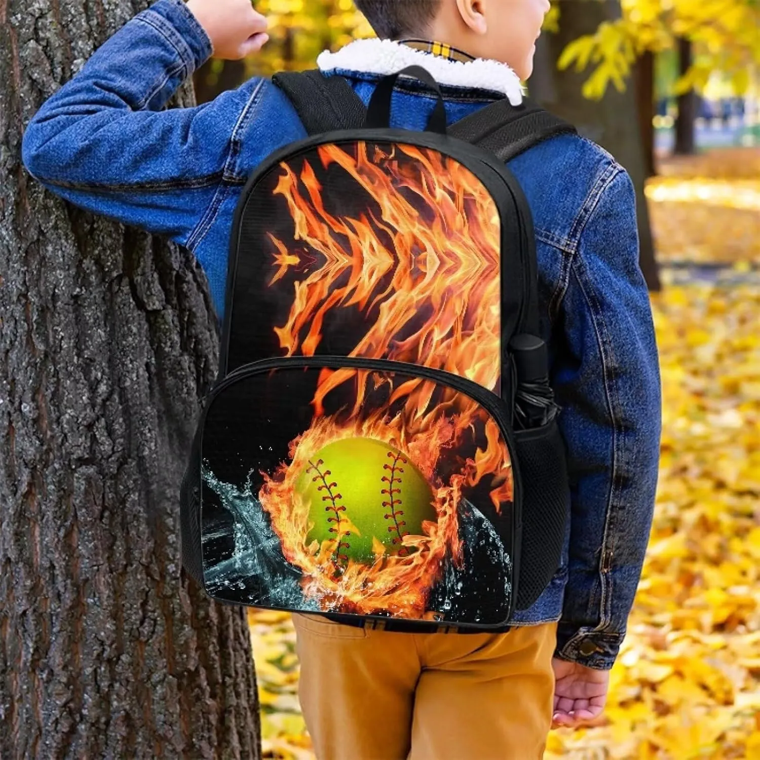 Burning Baseball Book Bags for Kids Girls'Schoolbag Large 17 inch Girls' Schoolbag Elementary Schoolbag with Front Compartment and Water Bottle Side Pocket