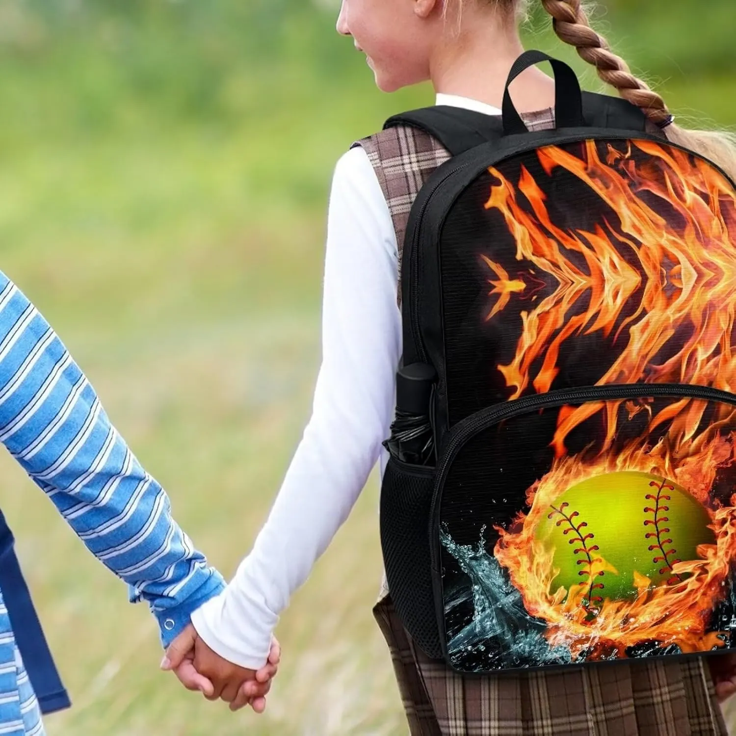 Burning Baseball Book Bags for Kids Girls'Schoolbag Large 17 inch Girls' Schoolbag Elementary Schoolbag with Front Compartment and Water Bottle Side Pocket