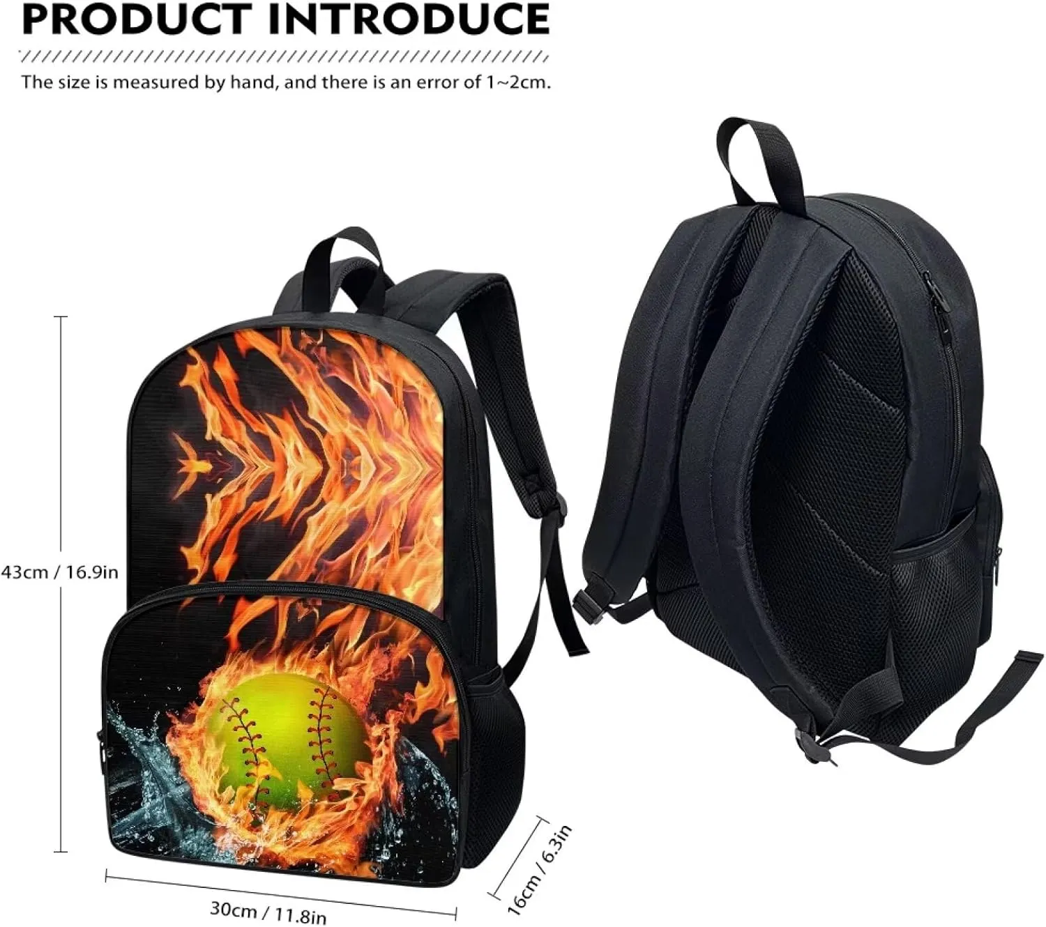 Burning Baseball Book Bags for Kids Girls'Schoolbag Large 17 inch Girls' Schoolbag Elementary Schoolbag with Front Compartment and Water Bottle Side Pocket
