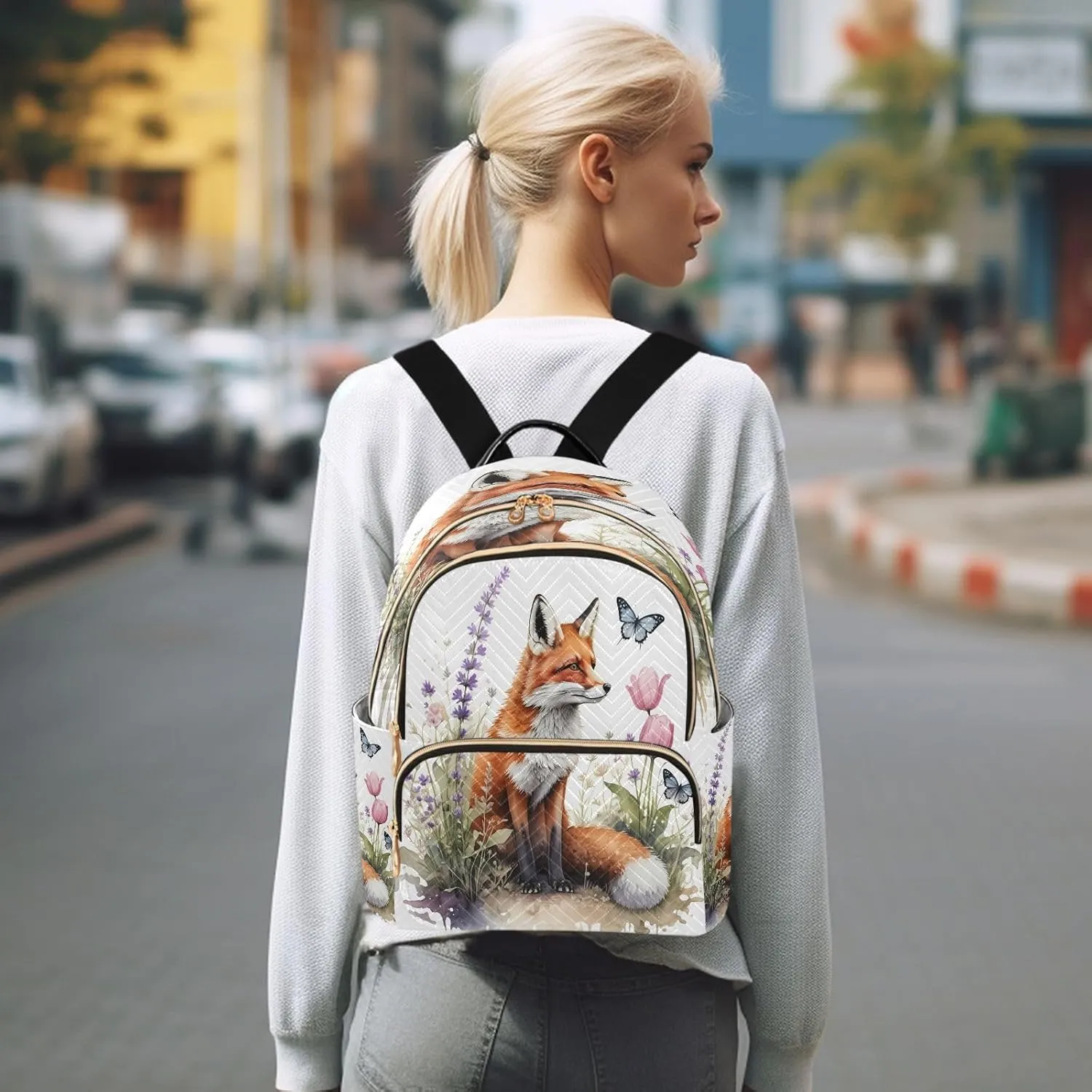 Butterfly Fox Tulips White Backpack Purse for Women Travel Bag with Anti-theft Back for School S