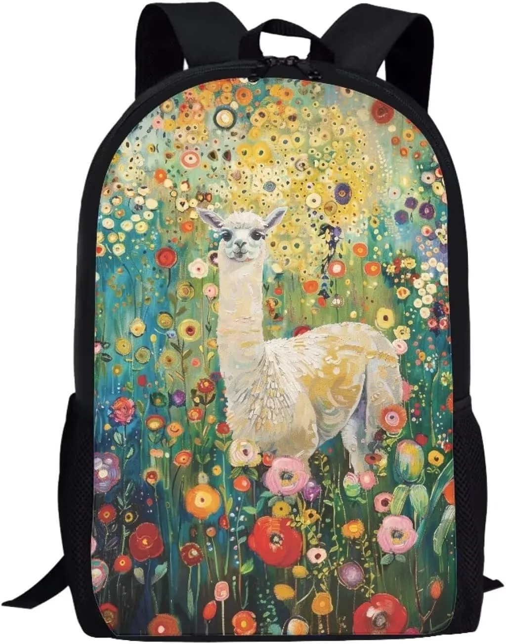 Buybai Alpaca Backpack for Kids Student Satchel Backpacks for Girls Floral Schoolbag 17 Inch Bookbag