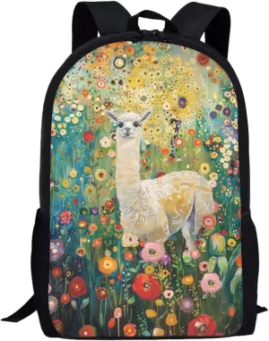 Buybai Alpaca Backpack for Kids Student Satchel Backpacks for Girls Floral Schoolbag 17 Inch Bookbag