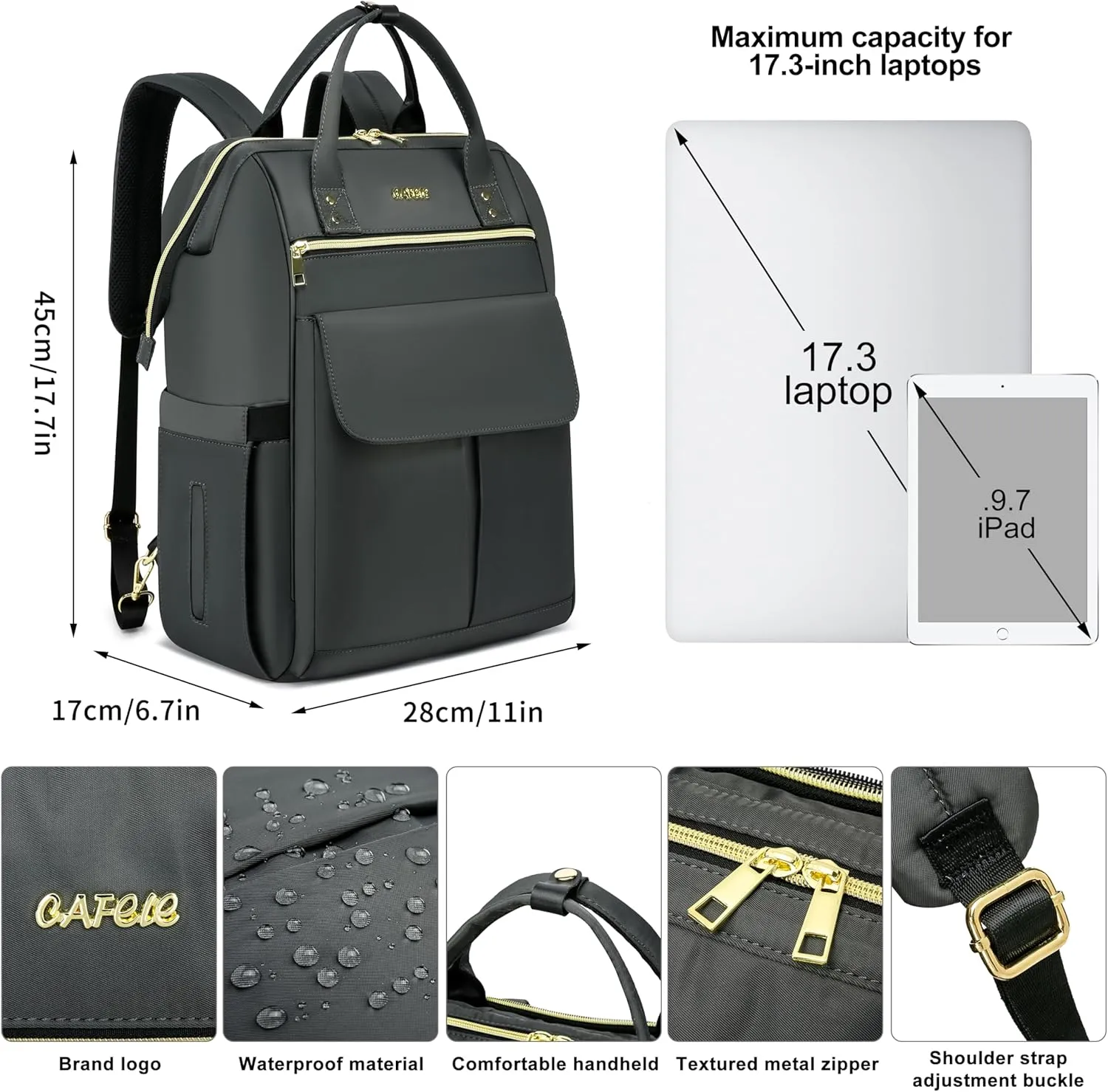 CAFELE Backpack for Women Men,Convertible Large Wide Open School Backpacks for Boys Girls,Water Resistant College Bookbag Fit 17.3 Inch Notebook, Dark gray(2321H-02)