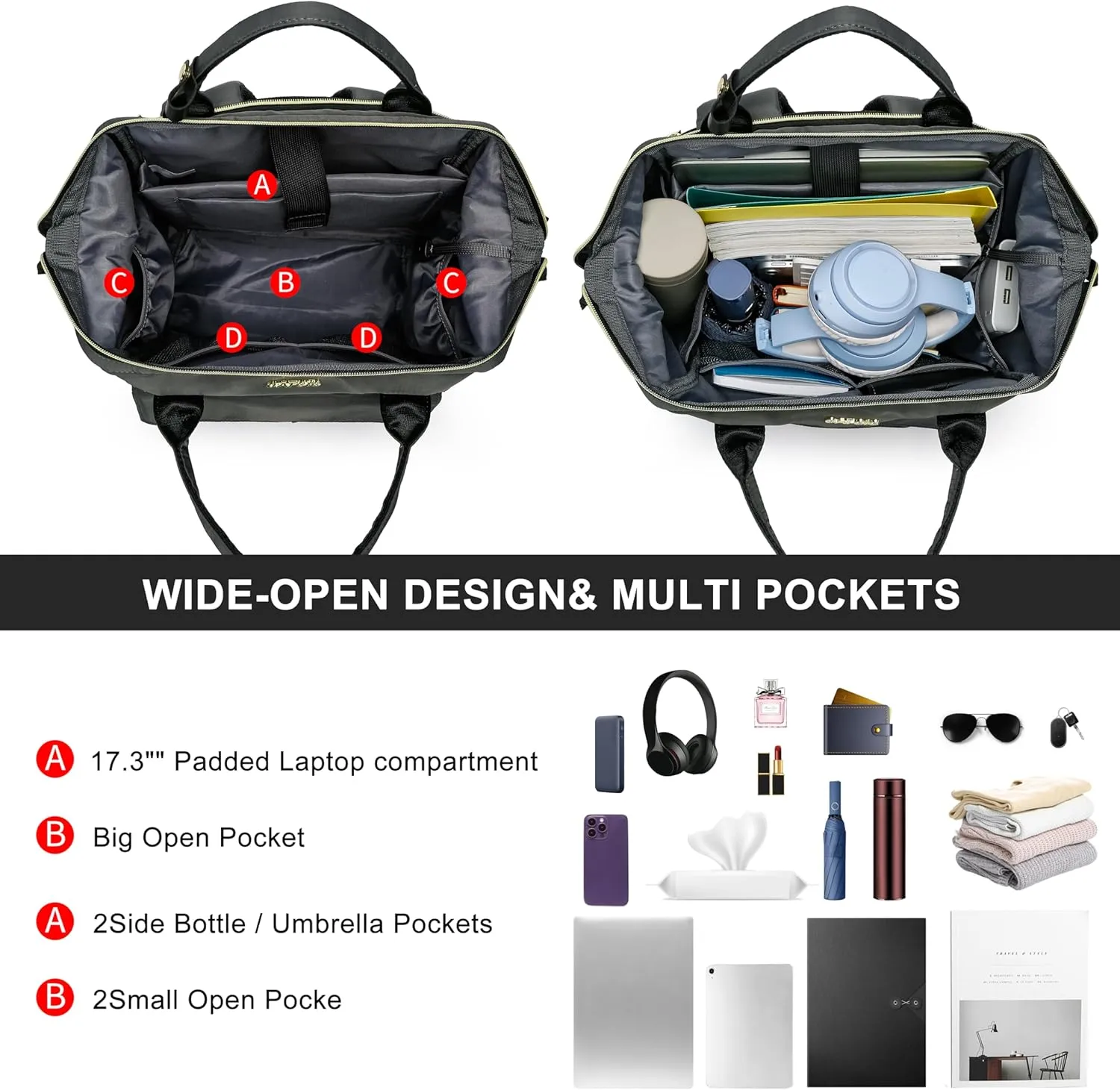 CAFELE Backpack for Women Men,Convertible Large Wide Open School Backpacks for Boys Girls,Water Resistant College Bookbag Fit 17.3 Inch Notebook, Dark gray(2321H-02)