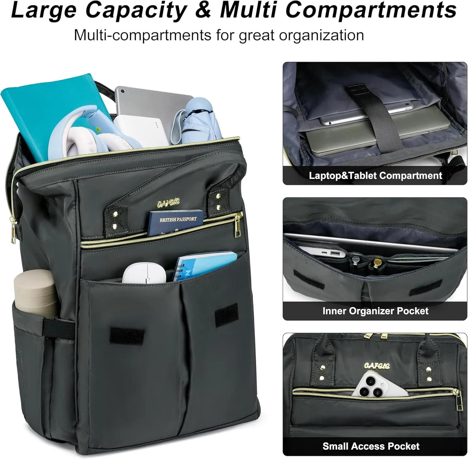 CAFELE Backpack for Women Men,Convertible Large Wide Open School Backpacks for Boys Girls,Water Resistant College Bookbag Fit 17.3 Inch Notebook, Dark gray(2321H-02)