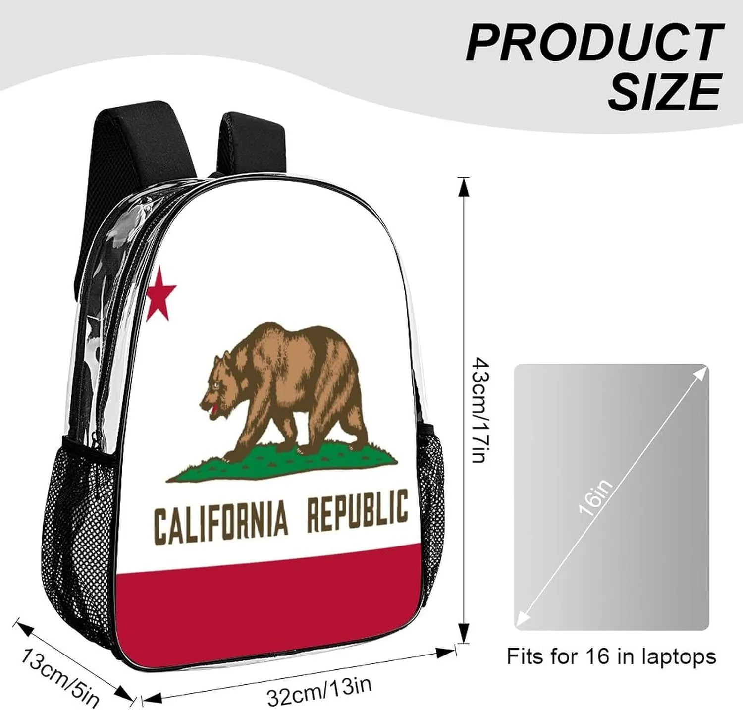 California State Flag Clear Backpacks PVC Transparent Laptop Backpack Multipurpose Double Shoulder Bag for Men Women Gifts