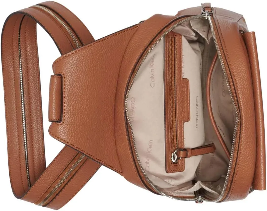 Calvin Klein Women's Myra Backpack for Women – Vegan Leather Convertible Sling Backpack, 2 Pockets, Caramel, One Size