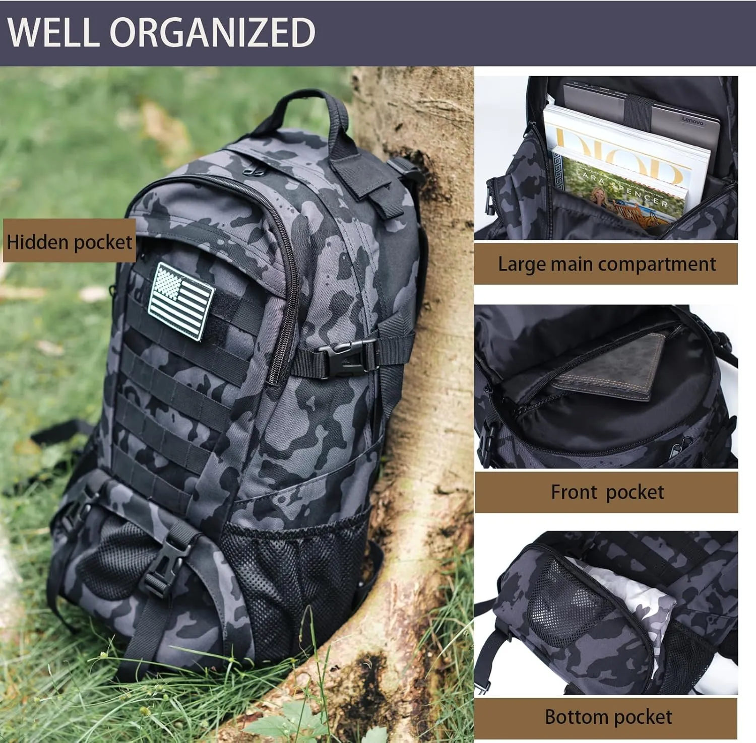 Camo Backpack for Boys,Military Boy Backpacks for Middle Elementary with USA Flag Patch,30L Waterproof Tactical School Backpack for Camping Outdoor