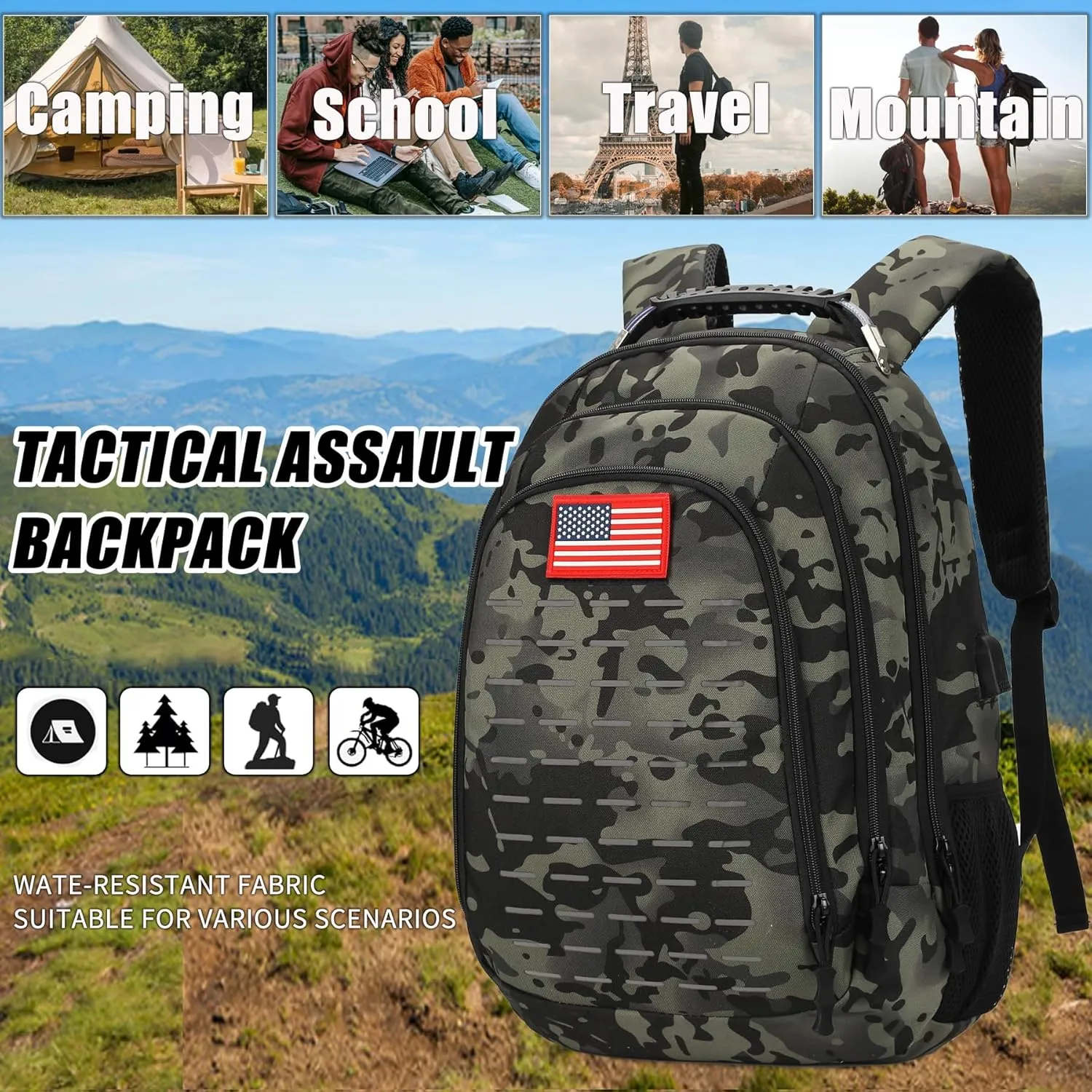 Camo Backpack,Small Tactical Backpack for outdoor,Military Teen Boys Backpacks for School with USB Charging Port,40L