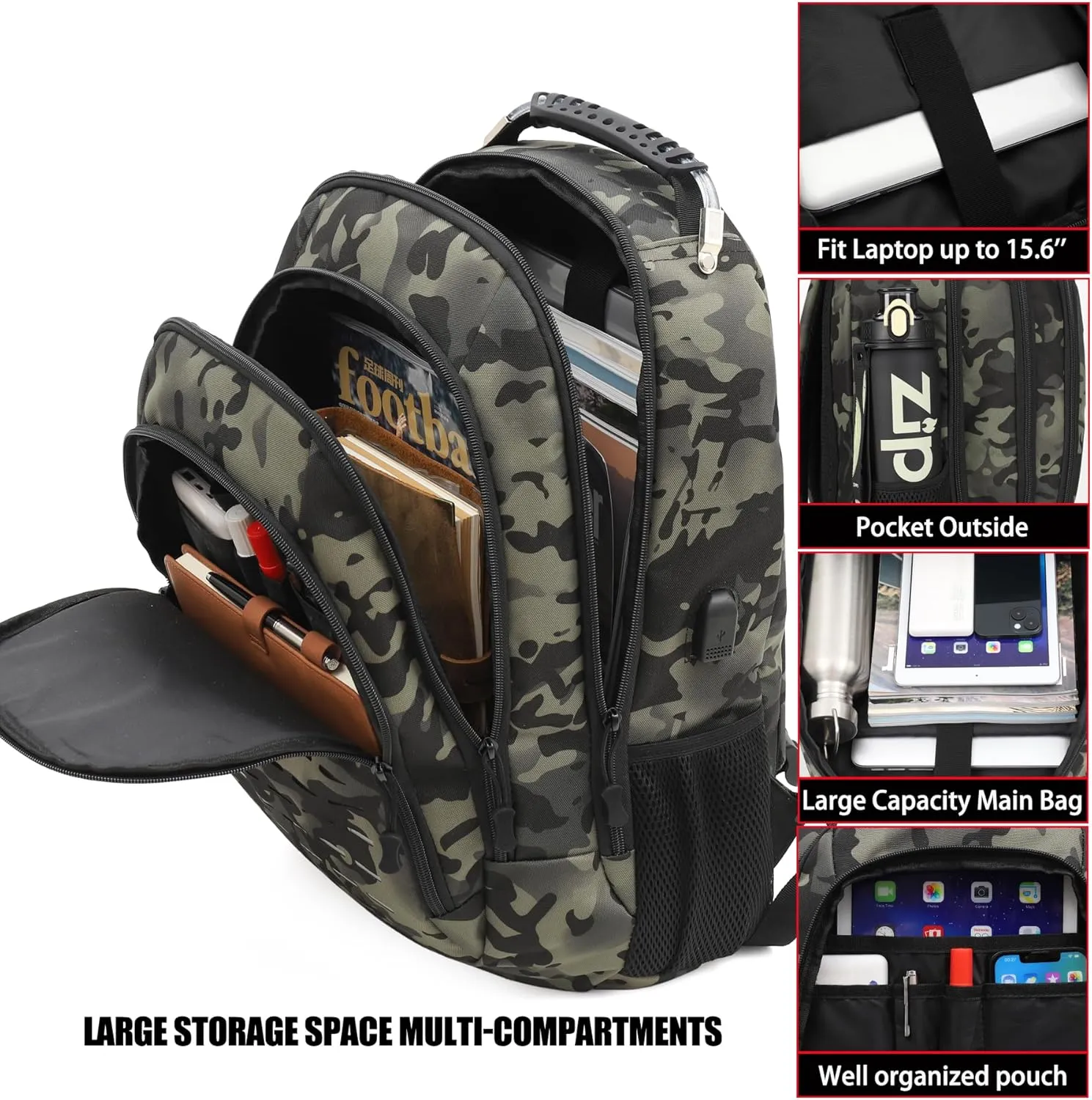 Camo Backpack,Small Tactical Backpack for outdoor,Military Teen Boys Backpacks for School with USB Charging Port,40L