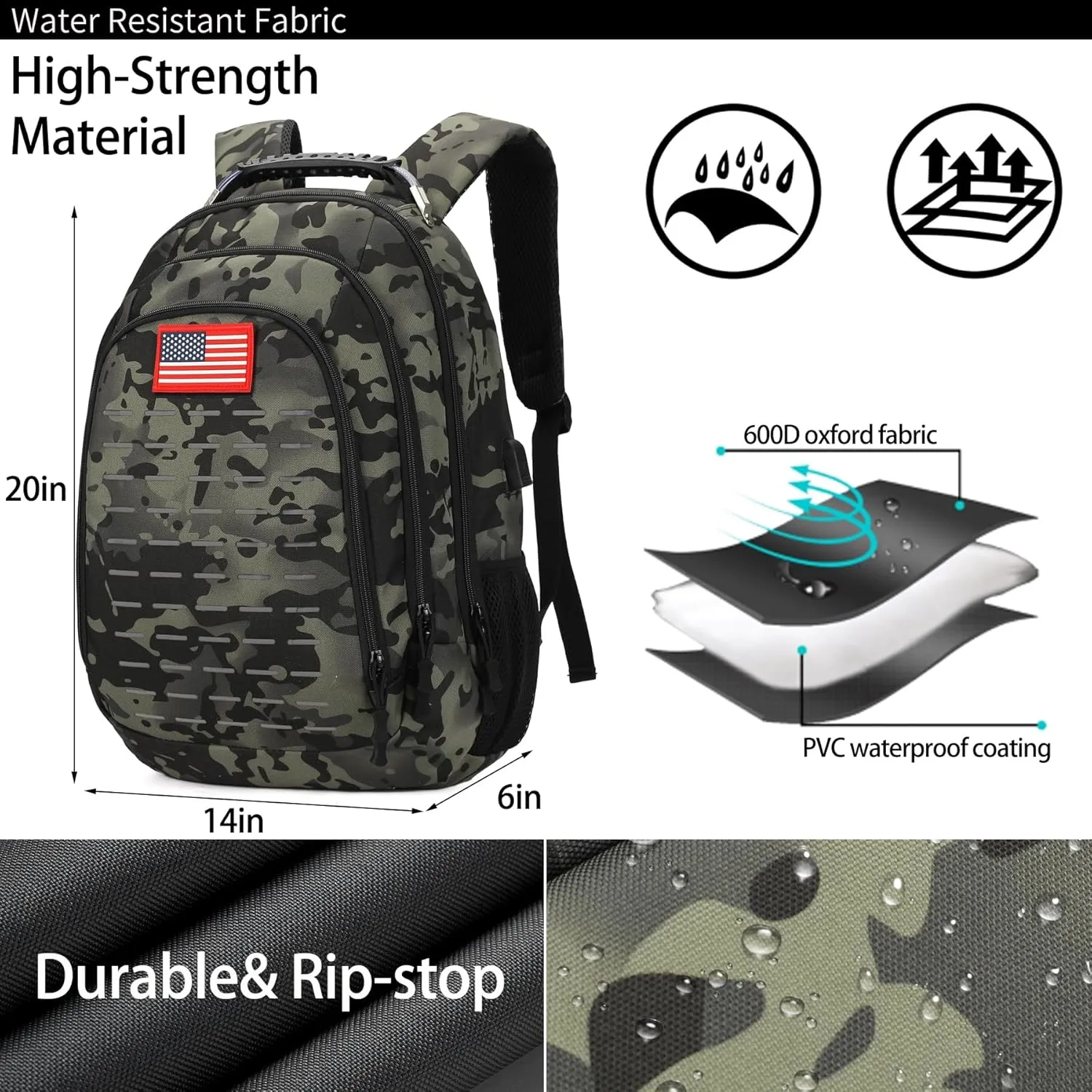 Camo Backpack,Small Tactical Backpack for outdoor,Military Teen Boys Backpacks for School with USB Charging Port,40L