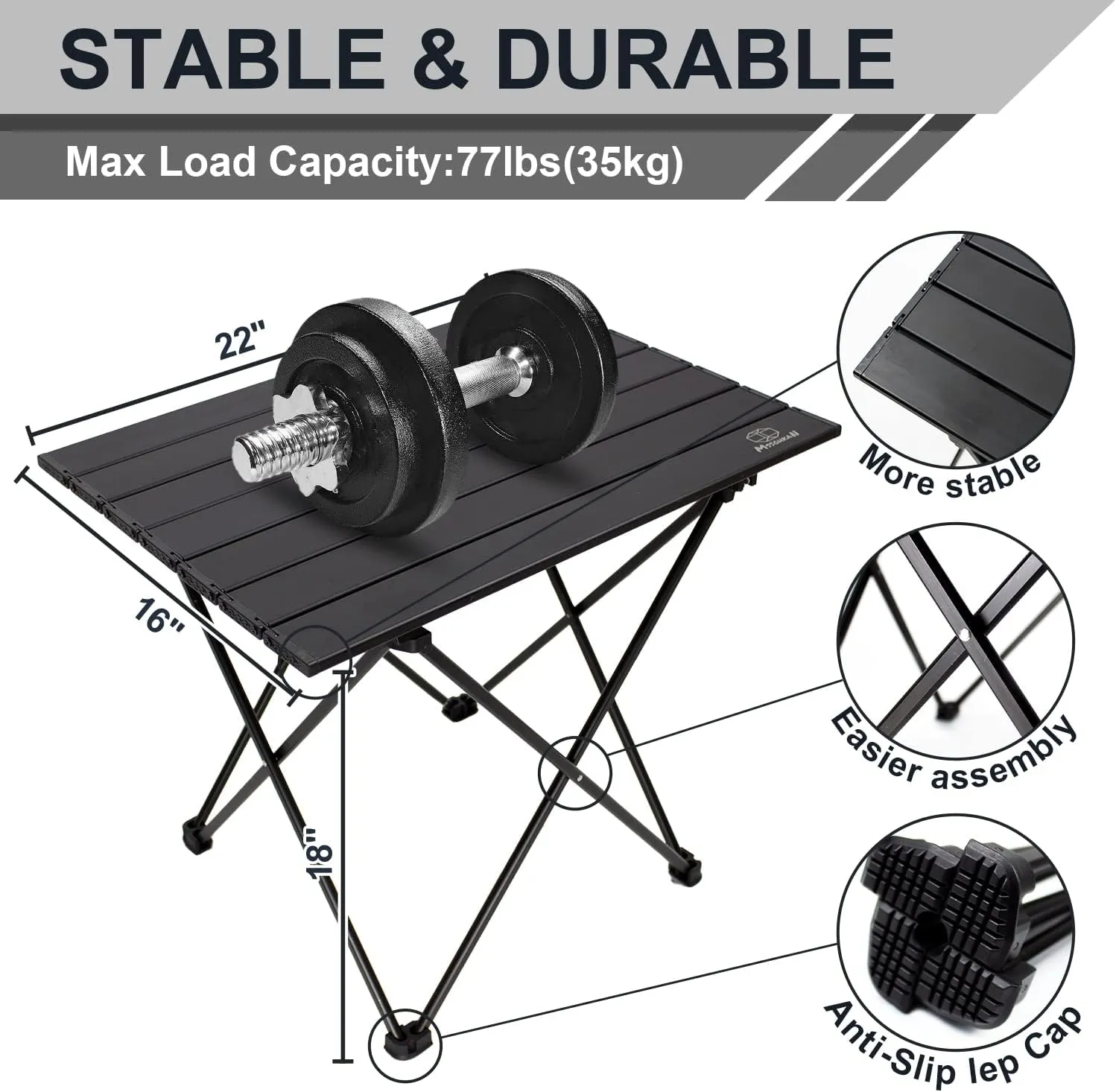 Camping Table Folding Portable Camp Side Table Aluminum Lightweight Carry Bag Beach Outdoor Hiking Picnics BBQ Cooking Dining Kitchen Black Medium