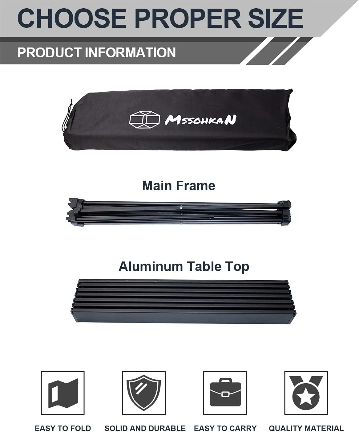 Camping Table Folding Portable Camp Side Table Aluminum Lightweight Carry Bag Beach Outdoor Hiking Picnics BBQ Cooking Dining Kitchen Black Medium