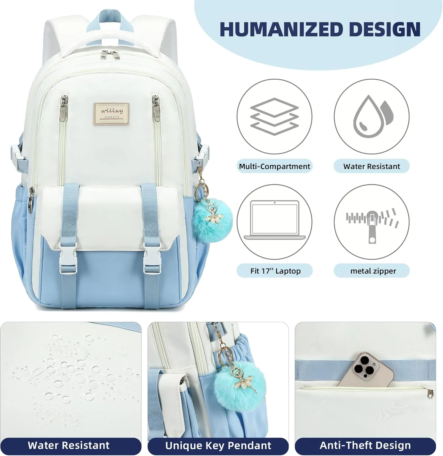 Caoroky knight Travel Laptop Backpack for Women Girls Elementary High School Bag College Backpacks Waterproof Daypack Large Bookbags Purse for Teens Students Computer Bags 15.6 Inch-Blue