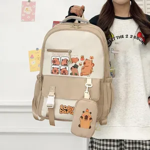 Capybara Backpack with Capybara Plush Kawaii Backpack Large Capacity Cartoon Backpacks Cute Nylon Backpack with Mini Bag