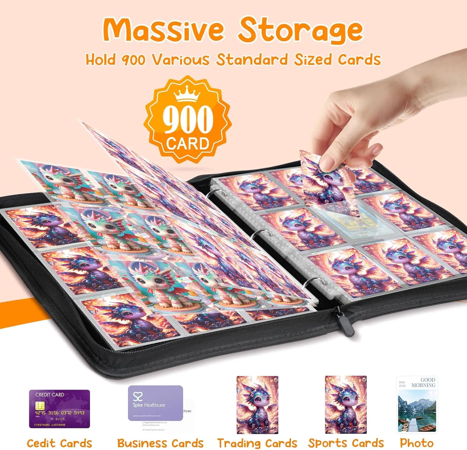 Card Binder 9 Pocket Collectible Trading Cards Storage with 50 Removable Sleeves Holder 900 Cards,3-Ring Zipper Design Perfect for Game, MTG & Sports Cards, Gifts for Boy and Girls (Indigo, Large)