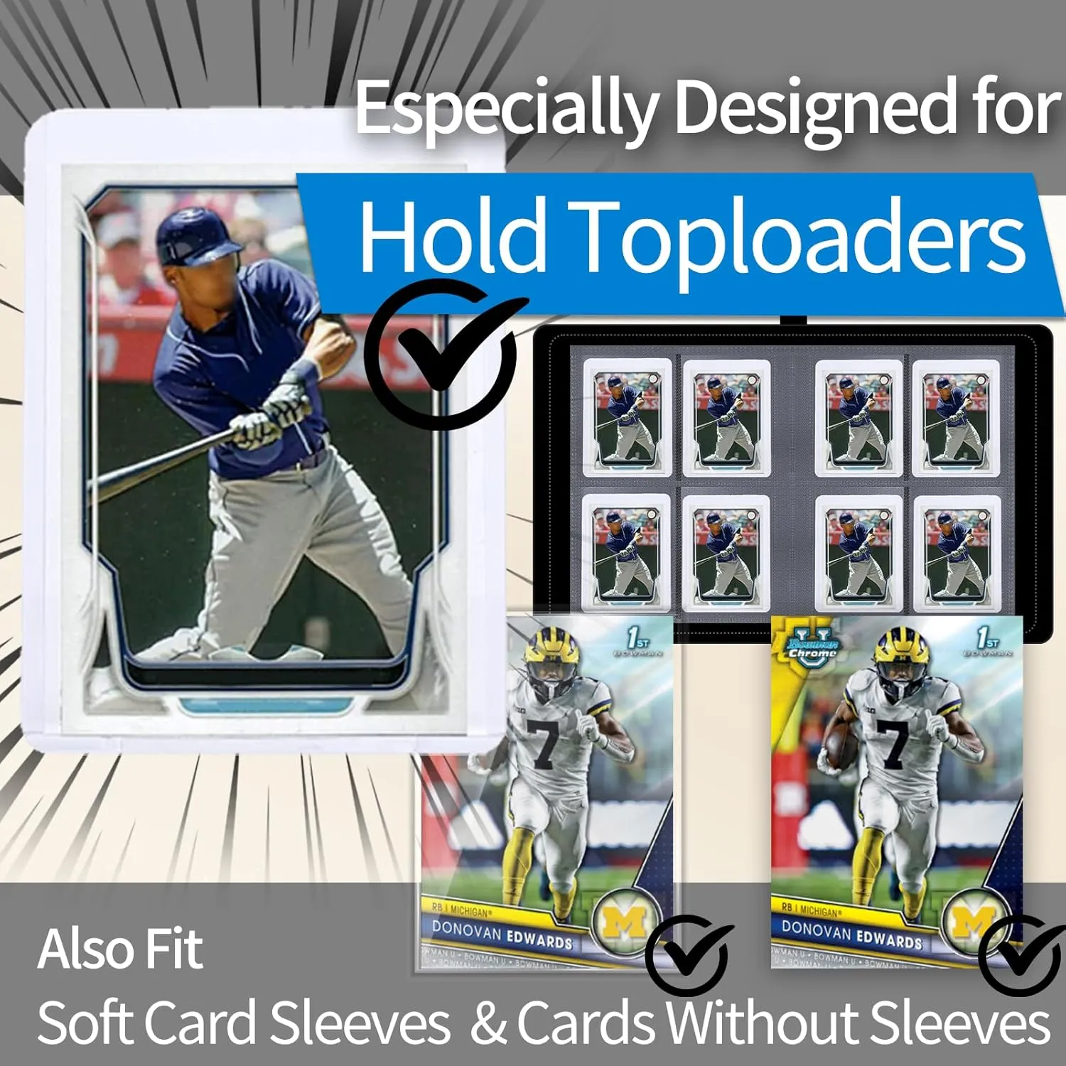 Card Binder for Toploaders, Portable 4 Pockets Trading Card Holder Albums for Sports, Trading, and Gaming Cards Silver