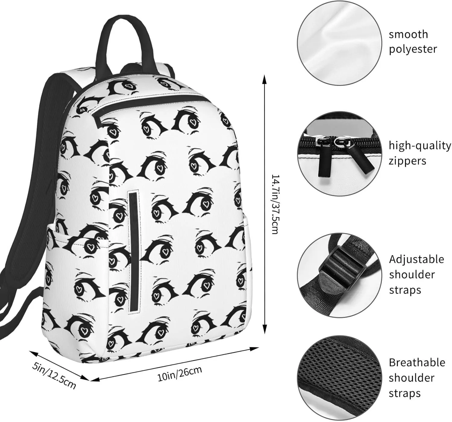 Cartoon Cute Hearts Eyes Casual Backpacks Large Capacity Laptop Backpack Sports Fitness Rucksack Travel Carry-On Daypack Adjustable Shoulder Strap Work Bag for Outdoor Camping