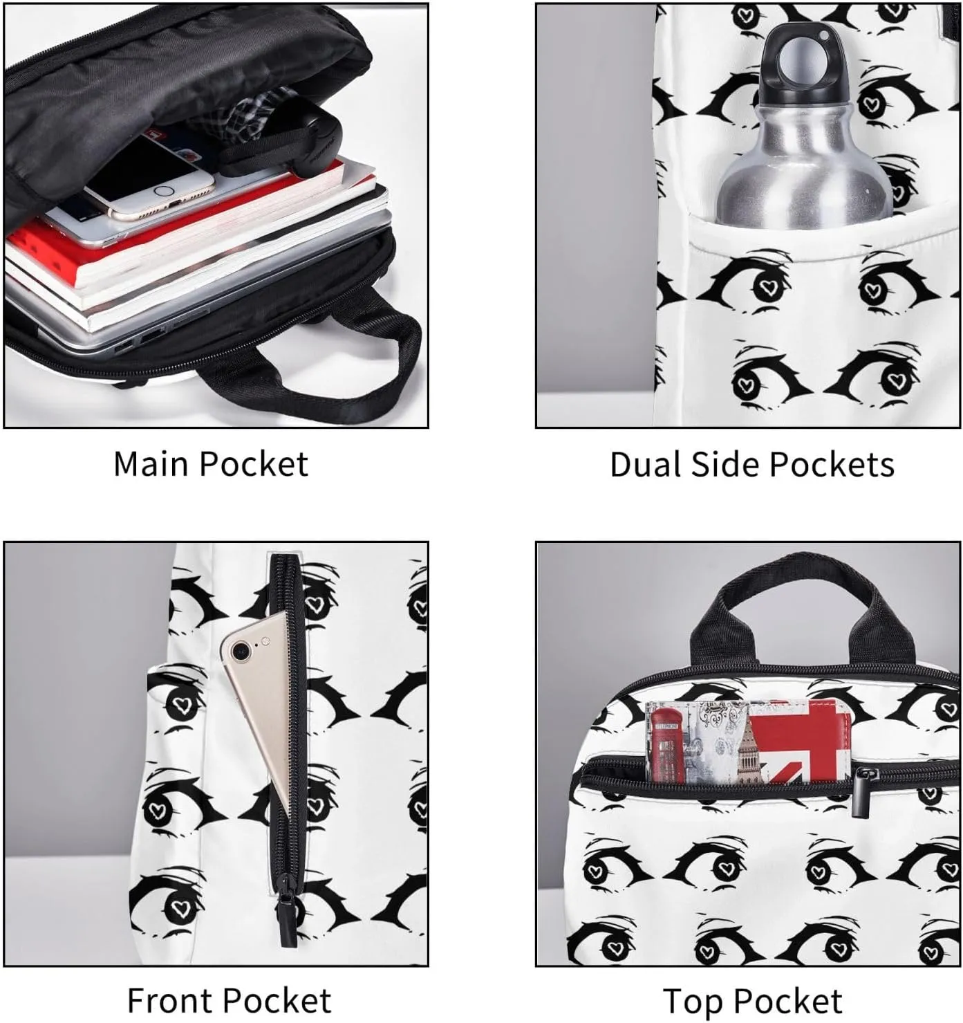 Cartoon Cute Hearts Eyes Casual Backpacks Large Capacity Laptop Backpack Sports Fitness Rucksack Travel Carry-On Daypack Adjustable Shoulder Strap Work Bag for Outdoor Camping