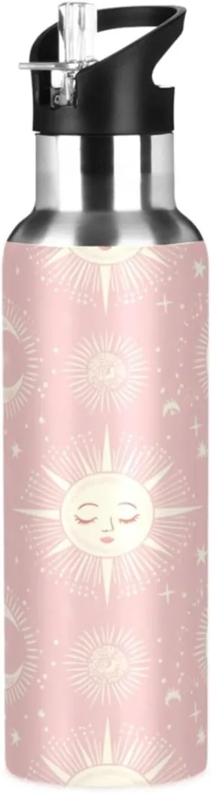 Cartoon Sun Moon Insulated Water Bottle with Straw & Lid 22oz BPA Free Leakproof Stainless Steel Water Bottle Vacuum Double Wall Wide Mouth Sports Cup