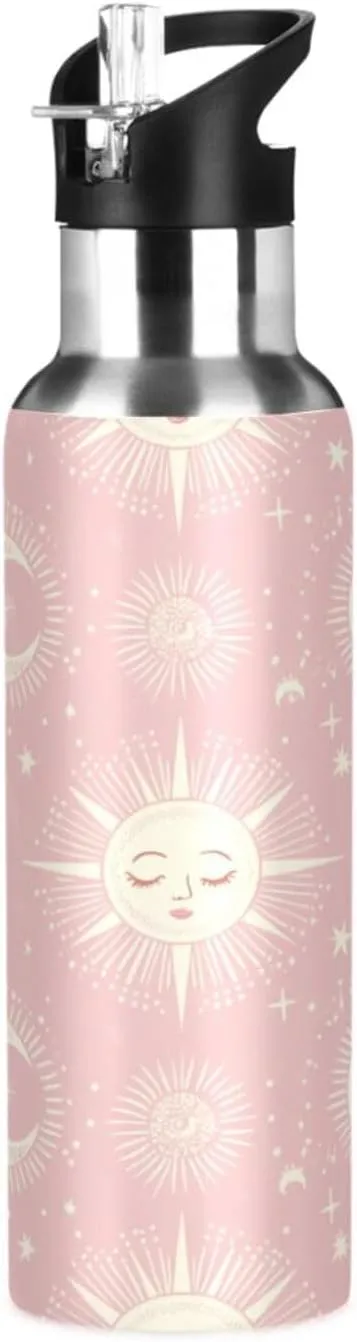 Cartoon Sun Moon Insulated Water Bottle with Straw & Lid 22oz BPA Free Leakproof Stainless Steel Water Bottle Vacuum Double Wall Wide Mouth Sports Cup