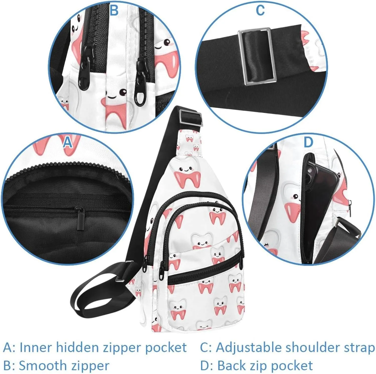 Cartoon Teeth (3) Sling Backpack Crossbody Bag Convertible, Small Diaper Bag Hiking Daypacks