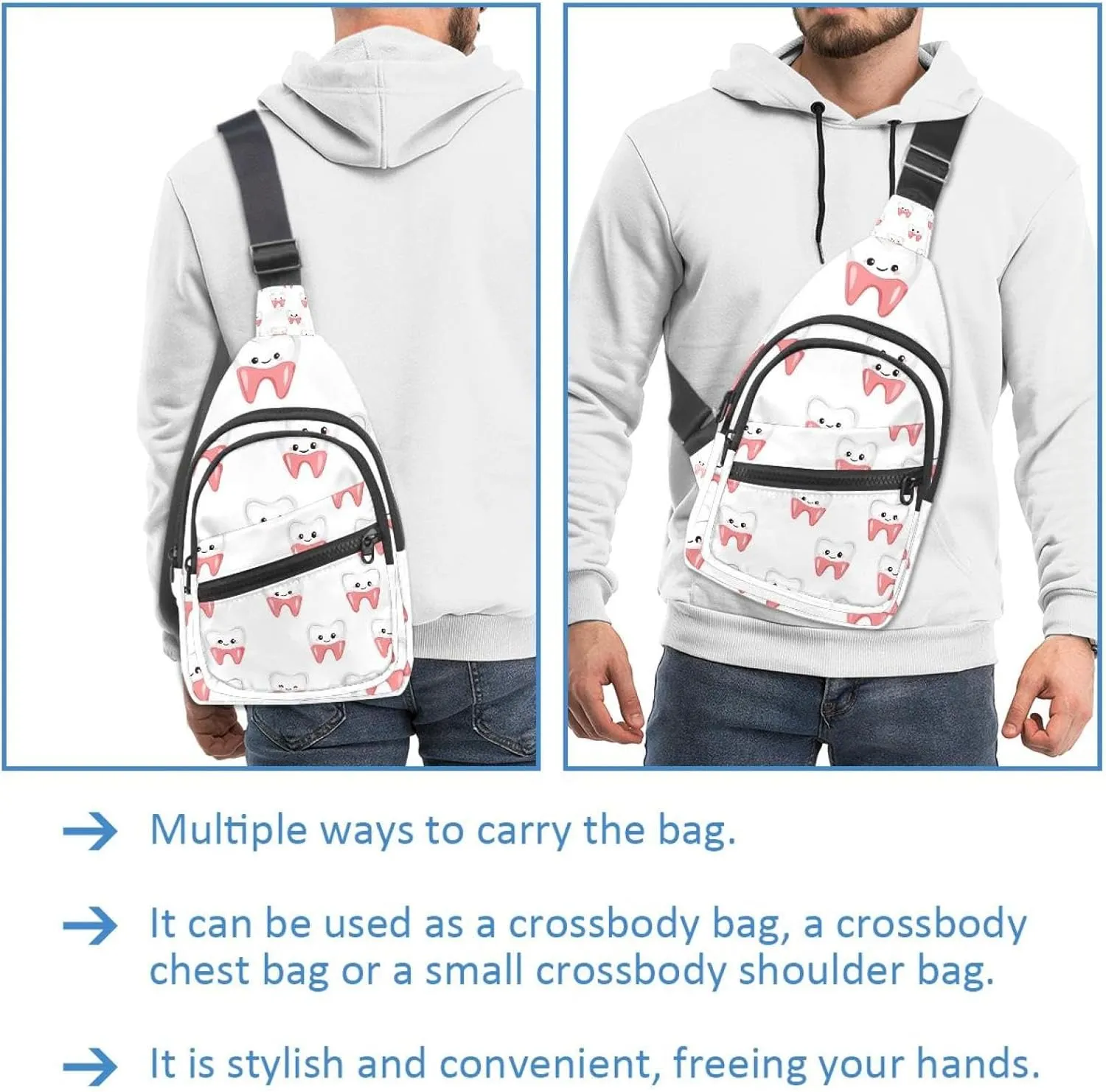Cartoon Teeth (3) Sling Backpack Crossbody Bag Convertible, Small Diaper Bag Hiking Daypacks