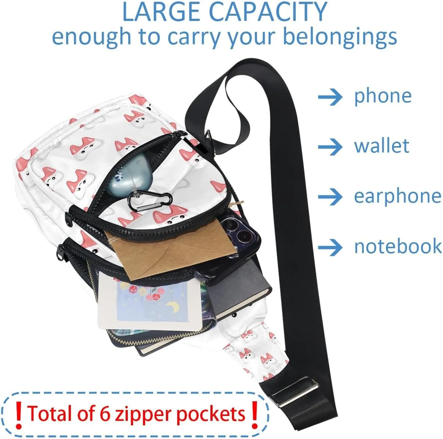 Cartoon Teeth (3) Sling Backpack Crossbody Bag Convertible, Small Diaper Bag Hiking Daypacks
