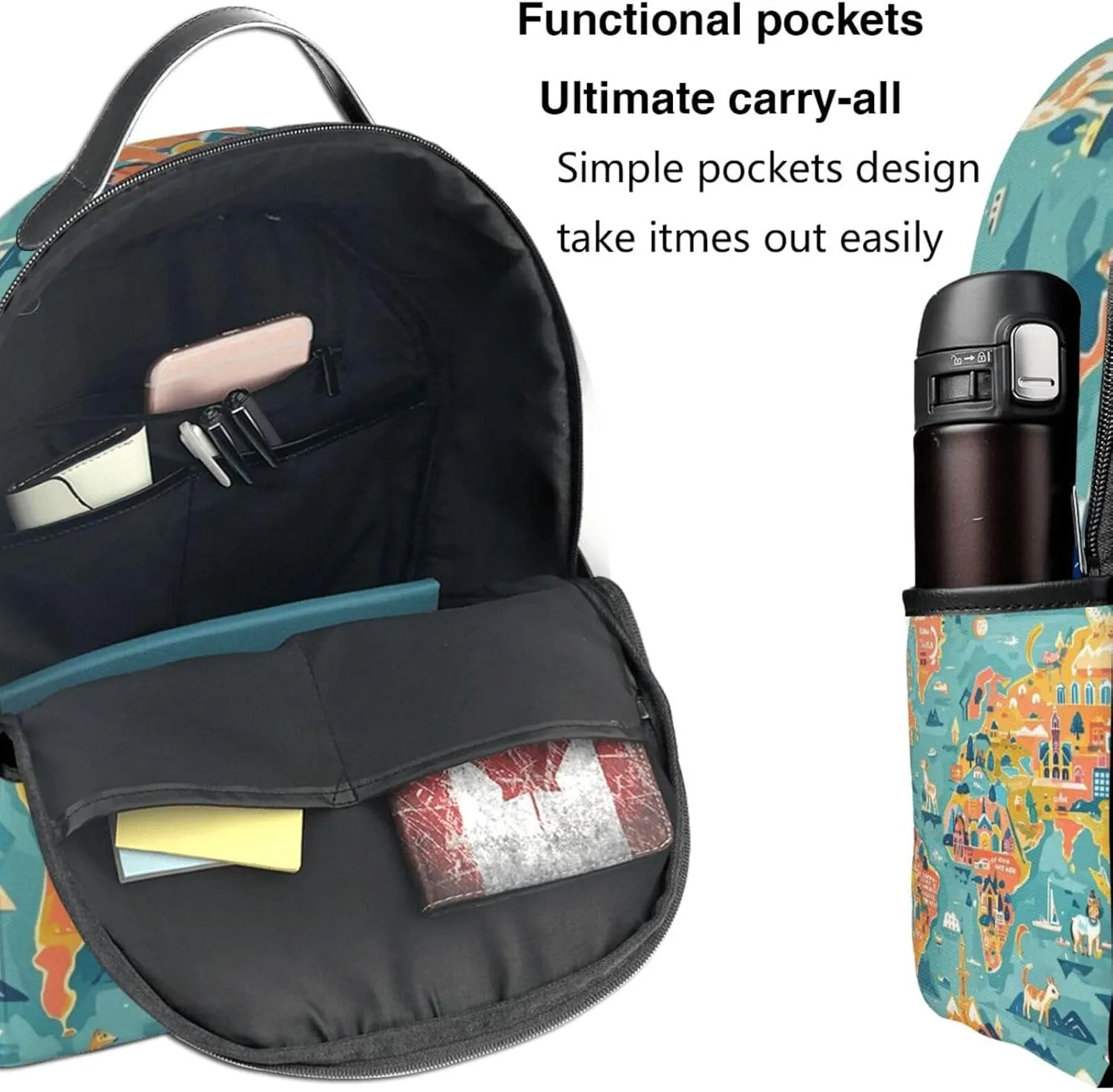Cartoon World Map Landmarks Animals Adult Backpacks 14 Inch Laptop Backpack Double Shoulder Bag for Work Travel Gifts