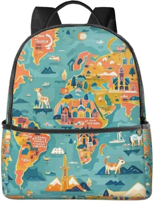 Cartoon World Map Landmarks Animals Adult Backpacks 14 Inch Laptop Backpack Double Shoulder Bag for Work Travel Gifts
