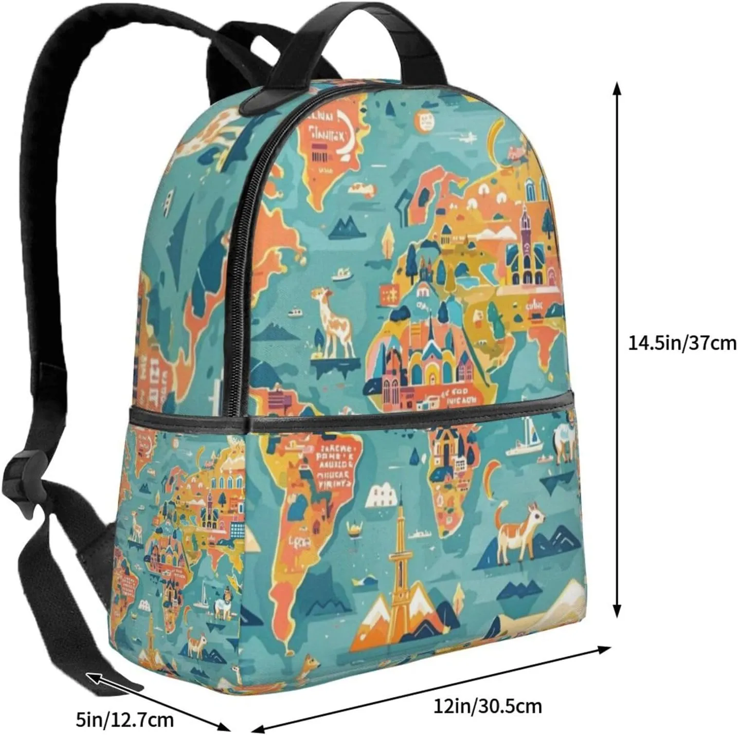 Cartoon World Map Landmarks Animals Adult Backpacks 14 Inch Laptop Backpack Double Shoulder Bag for Work Travel Gifts
