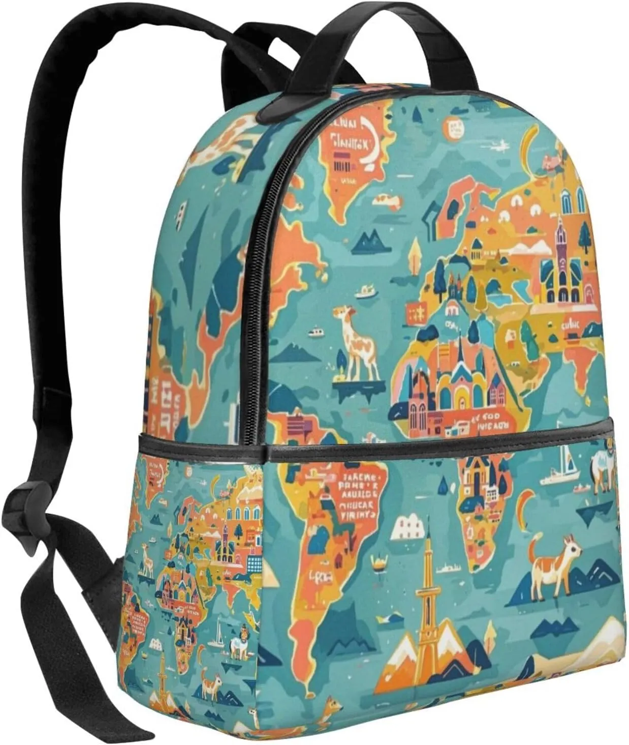 Cartoon World Map Landmarks Animals Adult Backpacks 14 Inch Laptop Backpack Double Shoulder Bag for Work Travel Gifts