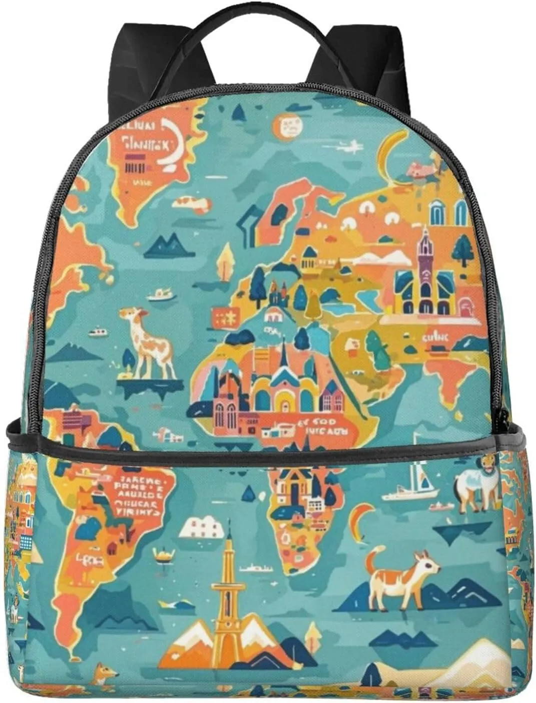 Cartoon World Map Landmarks Animals Adult Backpacks 14 Inch Laptop Backpack Double Shoulder Bag for Work Travel Gifts